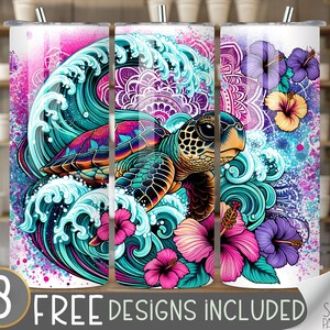 Sea Turtle Tumbler Wrap, Beach 20 oz Tumbler Sublimation Designs, Mandala Tumbler File, Summer Tumbler Design, Neon Tropical Flower Tumbler