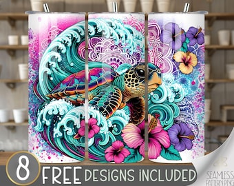 Sea Turtle Tumbler Wrap, Beach 20 oz Tumbler Sublimation Designs, Mandala Tumbler File, Summer Tumbler Design, Neon Tropical Flower Tumbler