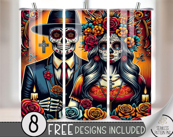 LA Chicano Girl Couple Cholo Couple 20oz Tumbler Wrap, Chicano Style Lowrider Sublimation Design PNG,LA Sugar Skull 20Oz Skinny Tumbler File
