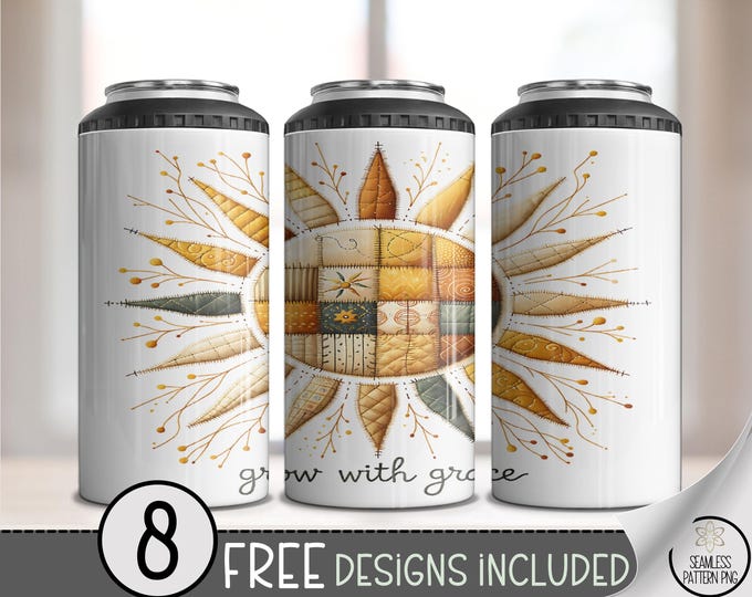 Grow with Grace 4 in 1 Tumbler Wrap PNG, Sunflower Patchwork Design, Digital Download, 16oz 4n1 Religious Sublimation, A671