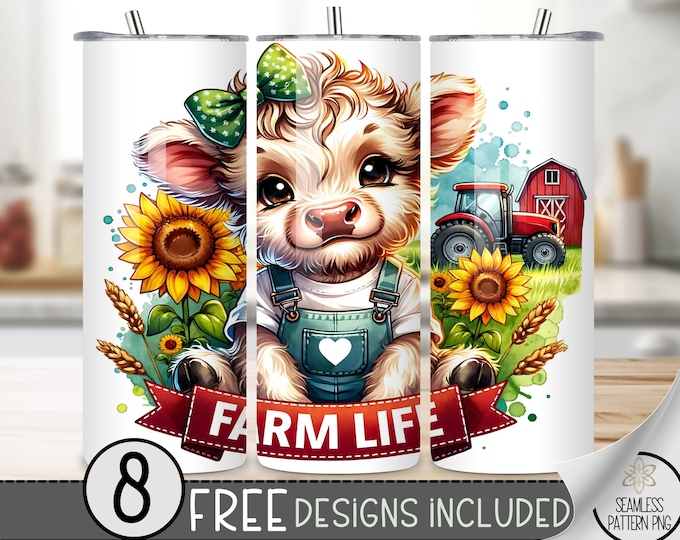 Farm Life Tumbler Wrap, Cute Highland Cow 20Oz Skinny Tumbler Wrap, Farm Animal Tumbler Design File, Highland Cow Farm Sublimation Design