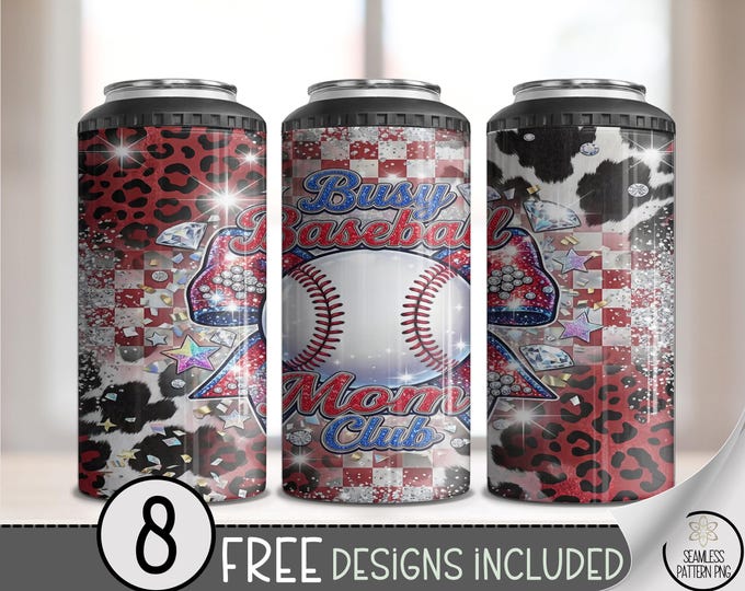 Baseball Mom 4-in-1 Can Cooler Wrap, Busy Baseball Club Sublimation Design, Sporty Glam 16 oz 4-in-1 File, Fun Red Leopard Blue, B10066