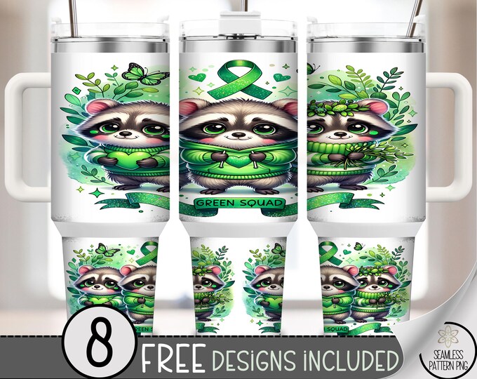 Green Squad Raccoon 40 oz Tumbler Wrap PNG, Mental Health Awareness Green Ribbon Sublimation Design PNG, A352