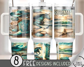 Coastal Cowgirl 40oz Tumbler Wrap, Cowgirl Tumbler Sublimation Design, Western 40oz Quencher Tumbler Wrap PNG,Beach Cowgirl Boots File, A156