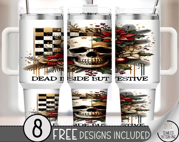 Floral 40 oz Tumbler Wrap: Christmas Skull Sublimation Design, Vintage PNG Files with Floral, Halloween Elements, Dark Humor Design, A477