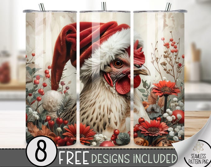 Christmas Chicken Tumbler Wrap, Winter Sublimation Design, Xmas 20 Oz Skinny, Cute Christmas Tumbler Wrap PNG, Rooster Christmas PNG Tumbler