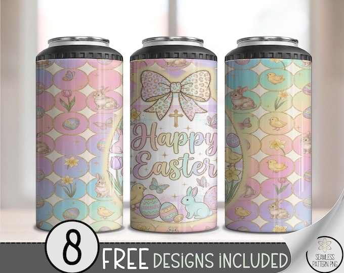 Happy Easter Can Cooler Wrap, Bunny Sublimation Design, Spring PNG 4 In One Wrap (Digital Download) B10012