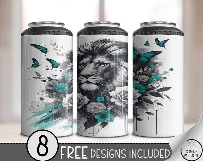 Teal Lion 4 in 1 Can Cooler Wrap PNG, Butterfly Sublimation Design, Tranquil Pastel Watercolor 16 oz 4-in-1 File Download, B10102