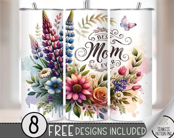 Best Mom Ever Tumbler Wrap, Mothers Day 20oz Skinny Tumbler Sublimation Design, Floral Tumbler Wrap File PNG,Foxglove Butterfly Mom Bouquet