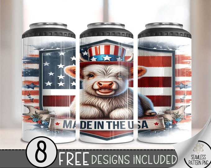 American Flag 4 in 1 Can Cooler Wrap, Patriotic Highland Cow Sublimation Design, Cute Cow 4in1 Tumbler PNG, Country Girl 16 Oz Can Cooler