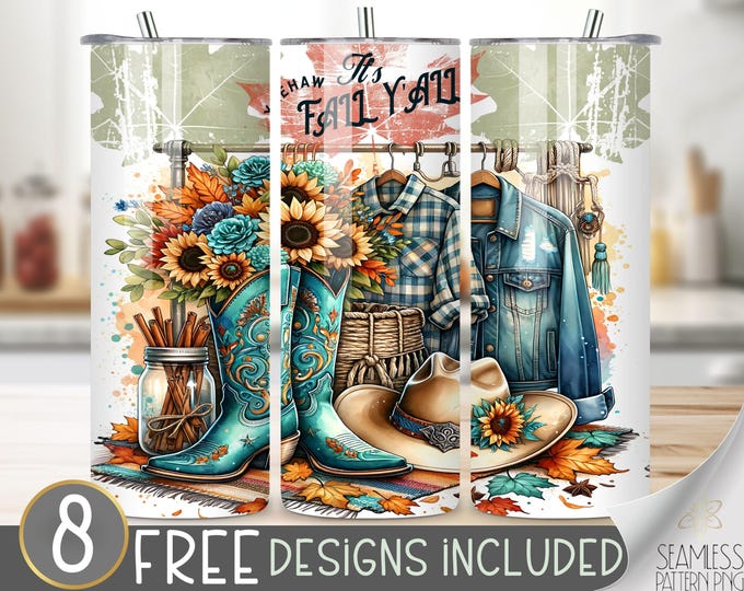 Yeehaw Its Fall Yall Tumbler Wrap, Sunflower Denim Jacket Design, Country Cozy Fall Leaves 20oz Sublimation PNG, Rustic Fall Wrap PNG