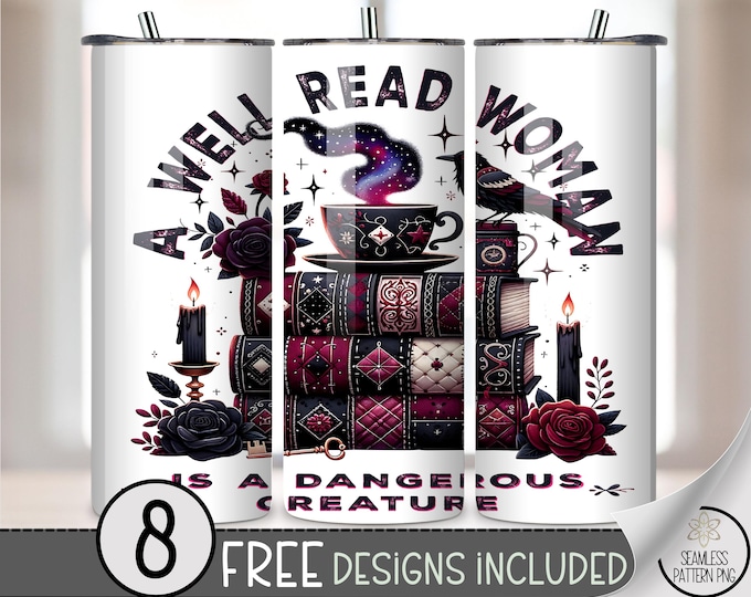 A Well Read Woman PNG, Vintage Book Stack 20 Oz Tumbler Wrap, Elegant Dark Academia Art Design, B866