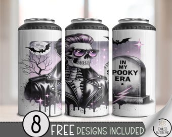 4-in-1 Tumbler Wrap In My Spooky Era PNG, Man Skeleton Halloween Can Cooler Design, Glam Goth Sublimation Wrap, Fall Tumbler PNG, A355