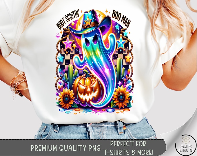 Halloween Ghost T-shirt PNG, Rainbow Cowboy Sublimation Design, Digital Download, B10296