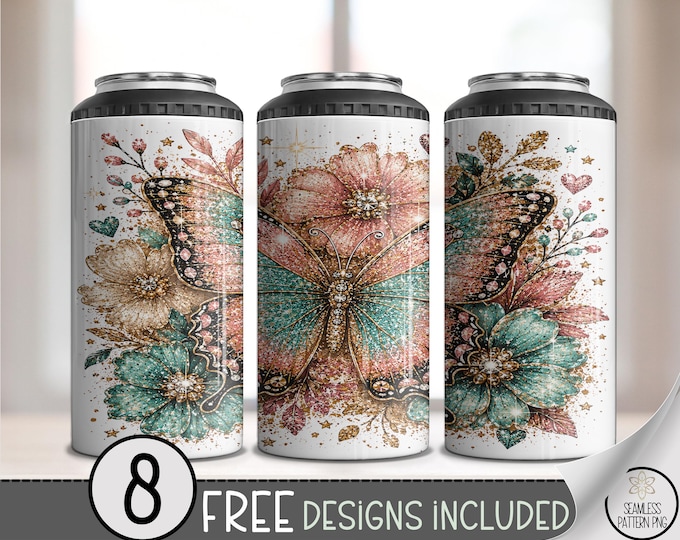 Butterfly Glitter 4in1 Can Cooler Wrap, Cottagecore Sublimation Design, Digital Download, B10470