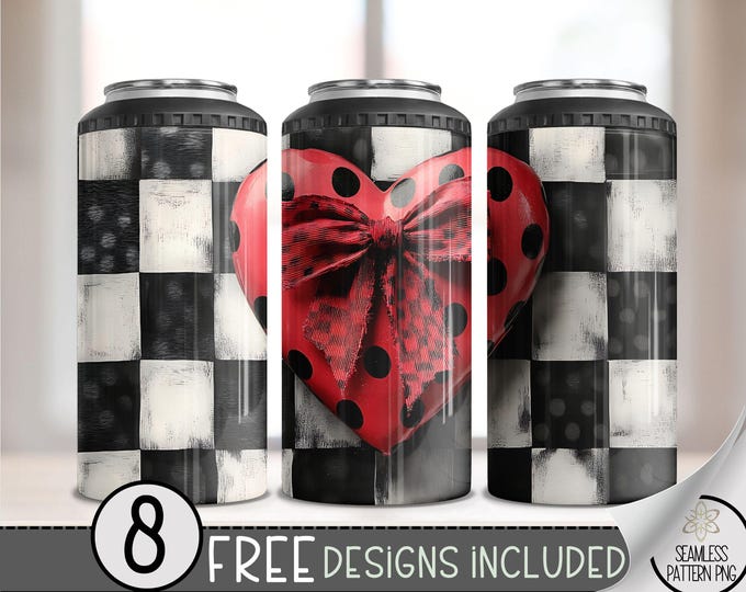Checkered Heart 4 in 1 Can Cooler Wrap, Valentine's Day 4in1 Tumbler PNG, Coquette Bow 16 Oz Can Cooler Sublimation Design, Vday Heart PNG
