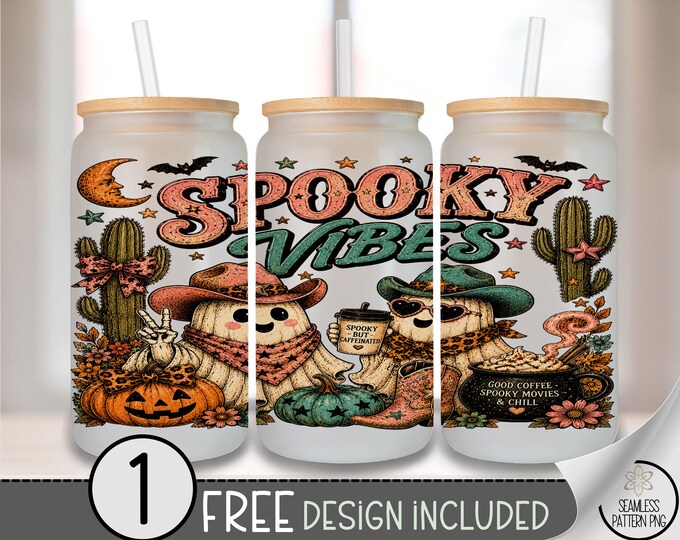 Halloween Ghost Glass Can Wrap, Spooky 16oz Tumbler Sublimation Design PNG, Digital Download, B10400