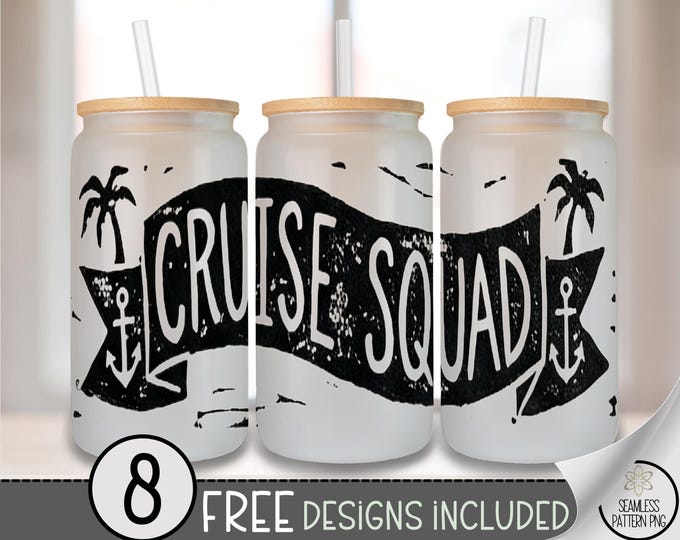 Cruise Squad Glass Can Wrap, Nautical 16oz Glass Tumbler Sublimation Design, Retro Beachy PNG File, B10112