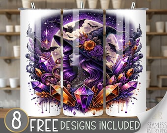 Witch Tumbler Wrap 20 Oz Skinny Tumbler Sublimation Designs, Halloween Horror Tumbler Wrap PNG, Sparkle Wiccan Crystal Bats Digital Download