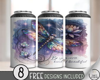 Be Your Own Kind of Beautiful 4-in-1 Can Cooler Wrap PNG, Stained Glass Dragonfly with Lotus, Sublimation Design for Inspiration, A354