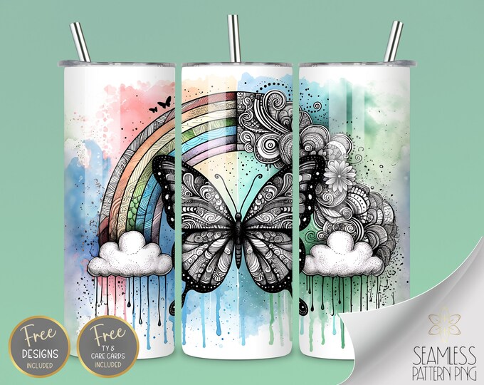 Rainbow and Butterfly Zentangle 20 Oz Skinny Sublimation Tumbler Design, Watercolor Zentangle PNG, Seamless Rainbow Design Instant Download