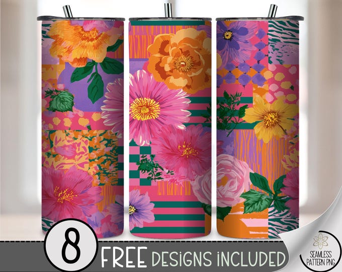 Floral Patchwork 20 oz Tumbler Wrap, Vibrant Sublimation Design, Retro Boho PNG, Digital Download, B10477