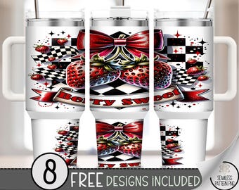 40 oz Berry Sweet Tumbler Wrap PNG, Checkered Strawberry Retro Racing Bow Wrap, 40oz Sublimation Design with Glitter Fruit Art PNG, A319