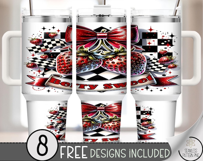40 oz Berry Sweet Tumbler Wrap PNG, Checkered Strawberry Retro Racing Bow Wrap, 40oz Sublimation Design with Glitter Fruit Art PNG, A319