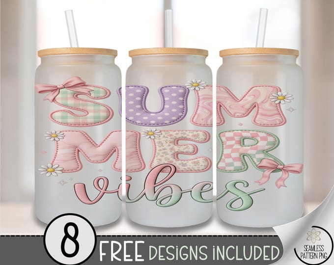 Summer Glass Can Wrap, Faux Patchwork 16oz Tumbler Sublimation Design PNG File, Digital Download, B10180