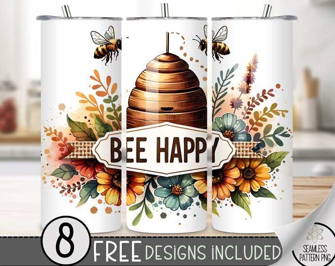 Bee Happy Tumbler Wrap, Affirmation PNG,Bee Themed 20 oz Straight Tumbler Sublimation Design,Inspirational Tumbler png,Be Happy Tumbler A181