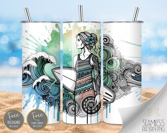 Surf Girl Zentangle 20 Oz Skinny Sublimation Tumbler Design, Watercolor Zentangle PNG, Seamless Earth Tones Design Instant Download Zen PNG