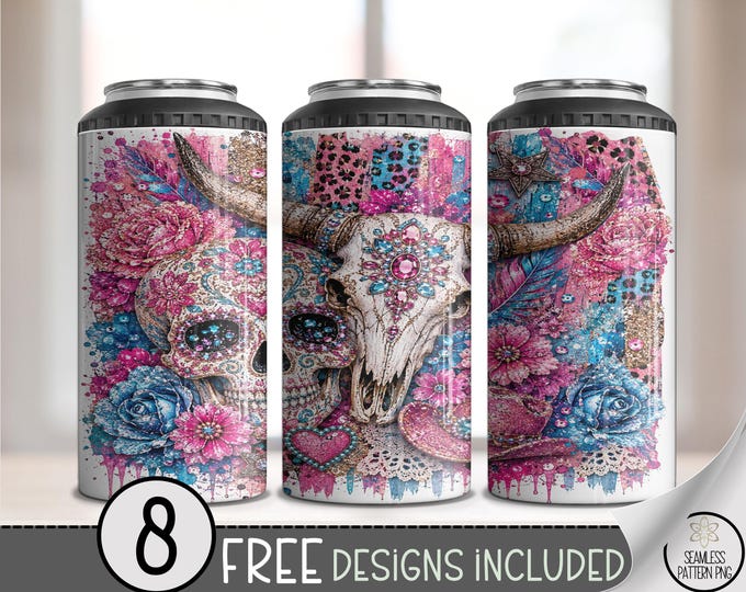 Day of the Dead 4in1 Can Cooler Wrap, Sugar Skull Sublimation Design, Digital Download, B10506
