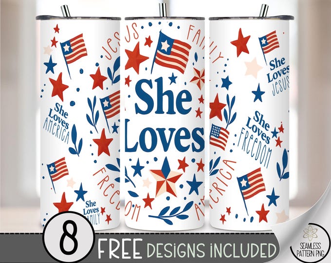 She Loves 20 oz Skinny Tumbler Wrap PNG, Christian Patriotic Tumbler Sublimation, Family Faith America Design for USA,4th of July File, A262