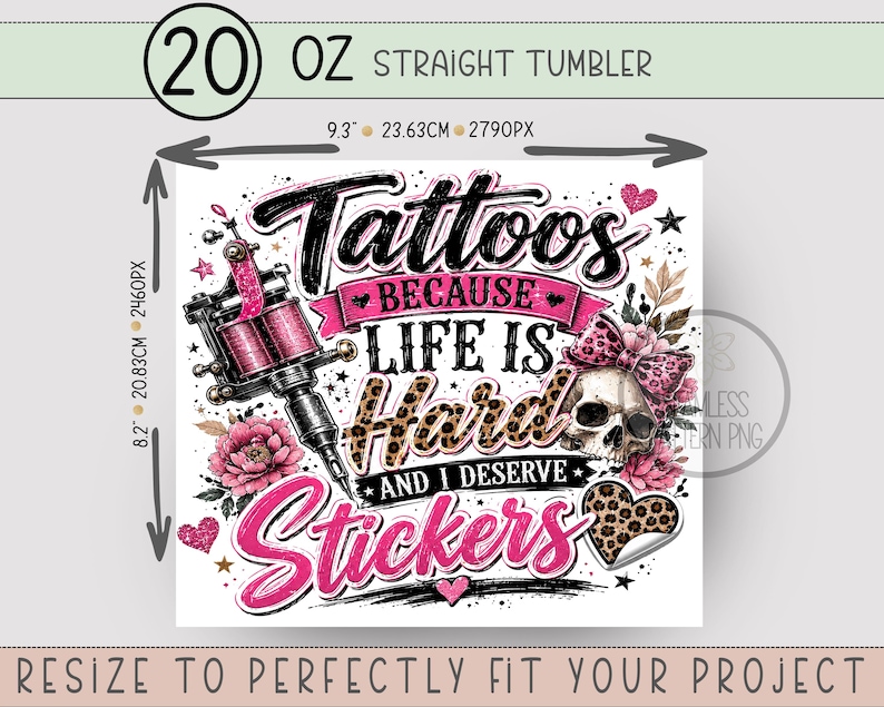 Tattoos 20 oz Tumbler Wrap, Edgy Sublimation Design for Straight Tumblers, Feminine PNG Files, Digital Download, B10276 image 6