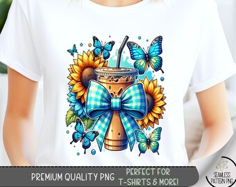 Sunflower Coffee T-Shirt PNG, Gingham Coquette Bow Graphic Tee Design, Summer Butterfly Graphic Tshirt PNG, Girly Sublimation Design, A114