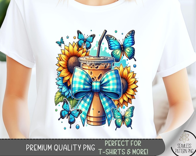 Sunflower Coffee T-Shirt PNG, Gingham Coquette Bow Graphic Tee Design, Summer Butterfly Graphic Tshirt PNG, Girly Sublimation Design, A114