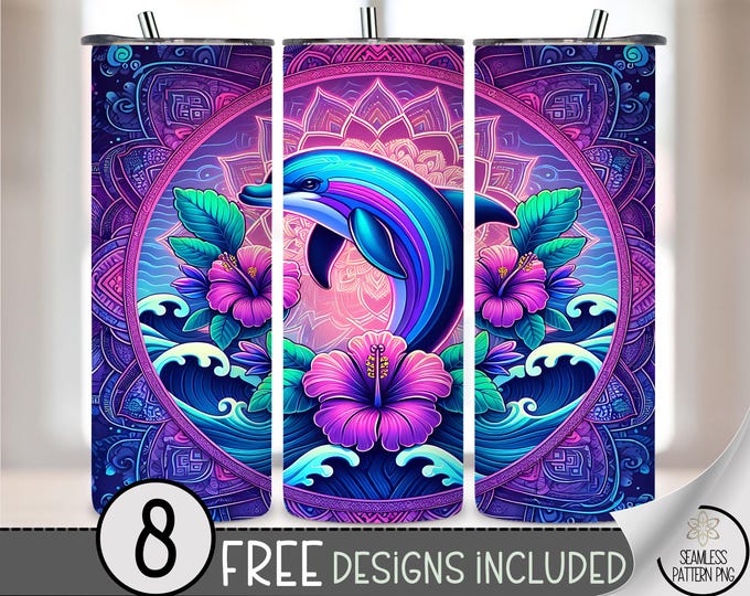 Neon Dolphin 20oz Tumbler Wrap, Coast Ocean 20 Ounce Sublimation Template, 20 oz Tropical Summer Mandala Tumbler Sublimation Design, A225