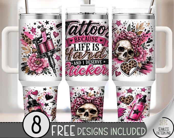 Tattoo Skull 40 oz Tumbler Wrap, Skull Sublimation Design, Girly Punk PNG File, B10276