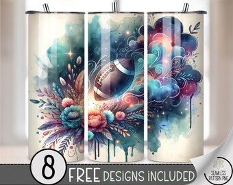 Watercolor Football 20 oz Tumbler Wrap, Artistic Sports Design, Vibrant Floral Accents, Unique 20oz Sublimation Design for Fans A437