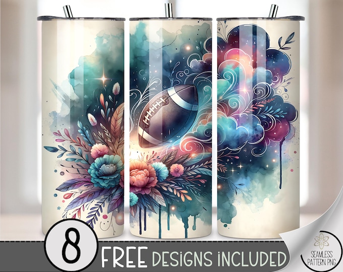 Watercolor Football 20 oz Tumbler Wrap, Artistic Sports Design, Vibrant Floral Accents, Unique 20oz Sublimation Design for Fans A437