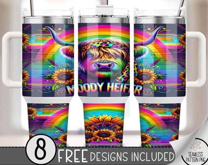 Moody Highland Cow 40oz Tumbler Wrap, Moody Heifer Tumbler Sublimation Design, Hippie Cow 40oz Quencher Tumbler Wrap PNG, Fun Sunflower, A15