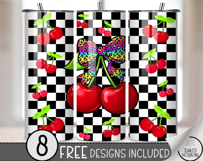 Cherry PNG, 20 oz Tumbler Wrap, Sublimation Design, Retro Fruit Pattern, Digital Download, B10005