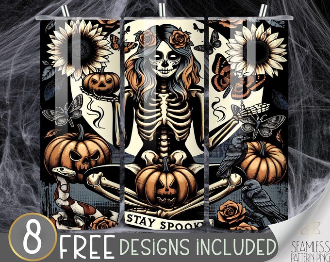 Goth and Flowers Tumbler PNG, Pumpkin Stay Spooky 20 oz Straight Tumbler Wrap Sublimation,Gothic Moth Tumbler Design File,Trendy Black Goth