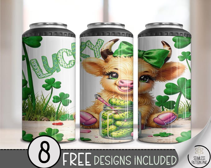 St Patricks Day Lucky 4-in-1 Can Cooler PNG, Pickle Lover Highland Cow Sublimation Design A816