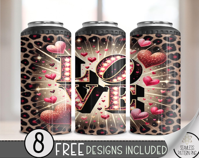 Valentine's Day love 4 in 1 Can Cooler Wrap, Western Love 4in1 Tumbler PNG, Seamless Leopard Valentine 16 Oz Can Cooler Sublimation Design