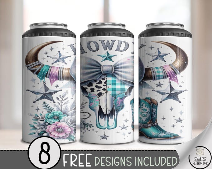 Coquette Cow Skull Can Cooler Wrap PNG, 16 oz Boho Western Art, 4 in 1 Floral Sublimation Design, Digital Download, A682