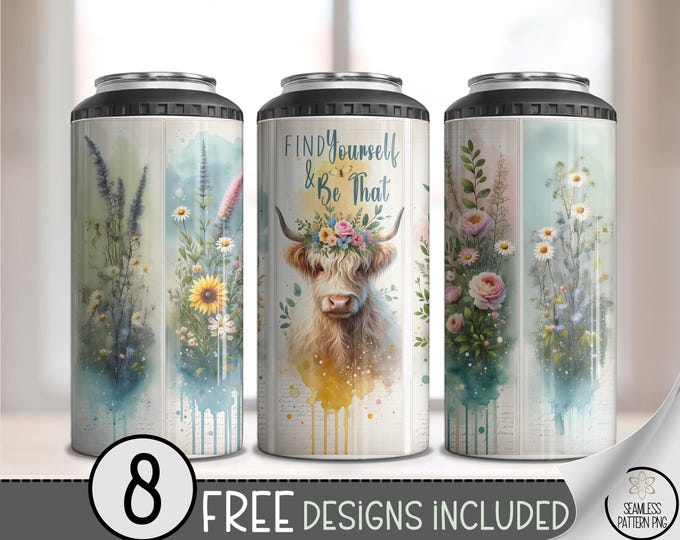 Find Yourself & Be That 4-in-1 Can Cooler Wrap PNG, 4 in 1 Boho Highland Cow Sublimation Design with Wildflowers, Floral 16 oz Can PNG, A351