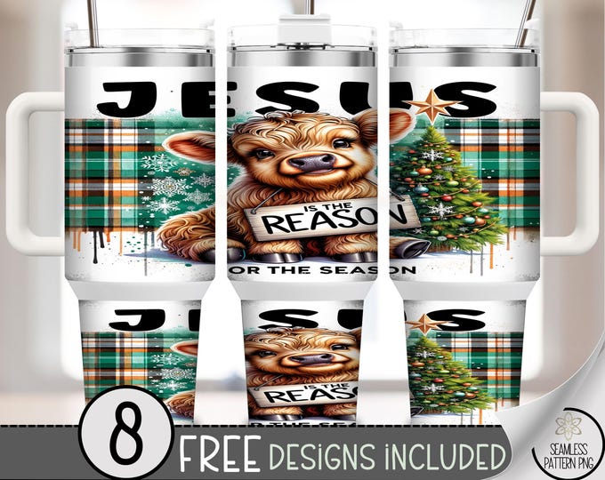 Jesus Is The Reason For The Season 40 oz tumbler wrap, Highland Cow Christmas Sublimation Design, Plaid Pattern A573