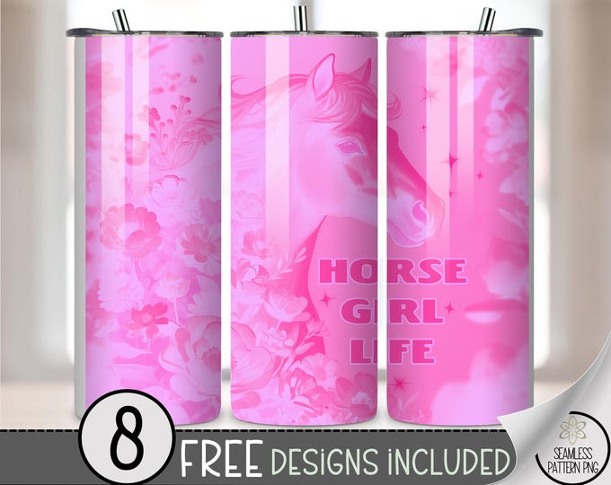 Horse Girl Life PNG, 20 oz Tumbler Wrap Design, Bright Pastel-Pink Style, Digital Download, B10023