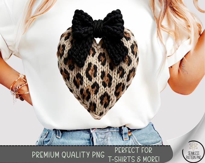 Leopard Heart T-shirt PNG, Faux Yarn Sublimation Design, Faux Embroidery DTF Shirt Graphic, Coquette Bow TShirt File, A810
